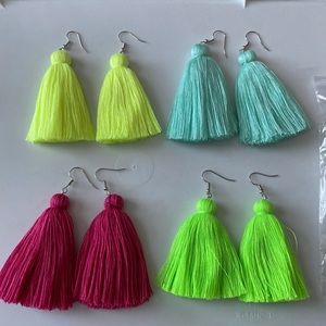 4 Sets Of Tassel Earrings Handmade Jewelry Fashion Neon Yellow Mint Pink Green